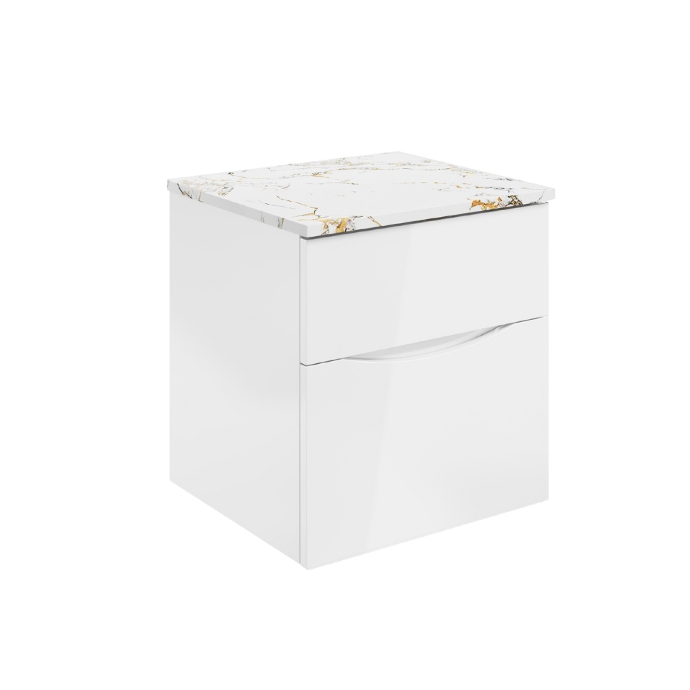 Product Cut out image of the Crosswater Glide II White Gloss 500mm Double Drawer Unit with Gold Vein Worktop